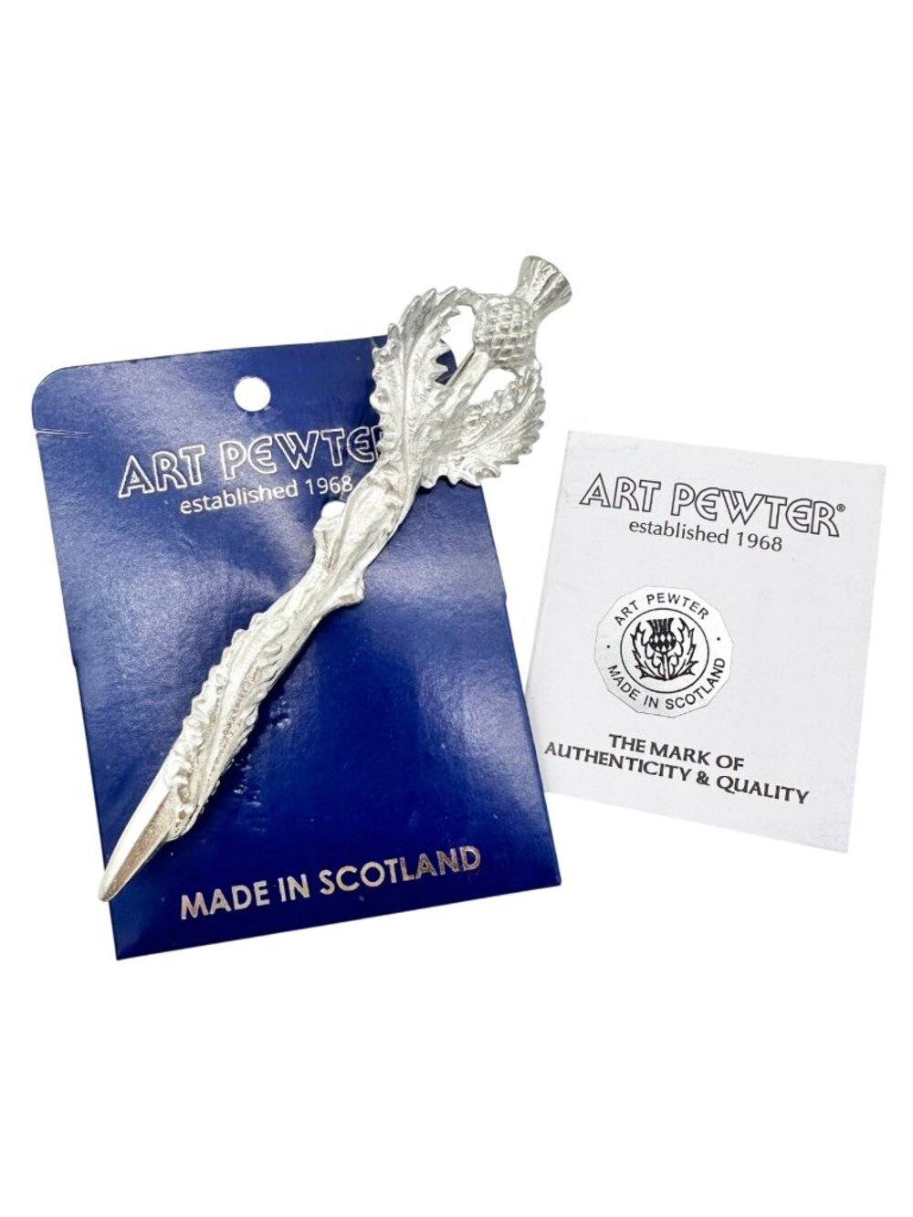 Art Pewter Thistle Kilt Pin Brooch 4 inch long Silver Finish Made In Scotland